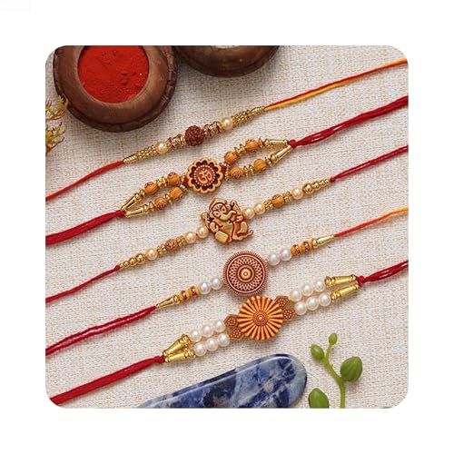 Image of eCraftIndia Red Blue Round Designer Rakhi for Brother Bhaiya Bhai | Roli Chawal Pack | Rakhi Combo