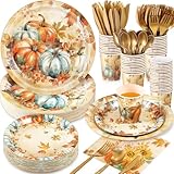 Ziliny 350 Pcs Thanksgiving Fall Party Supplies Maple Leaf Dinnerware Set Disposable Plates Napkins Paper Cups Plastic Cutlery for Autumn Thanksgiving Harvest Party Decor Serves 50(Pumpkin)