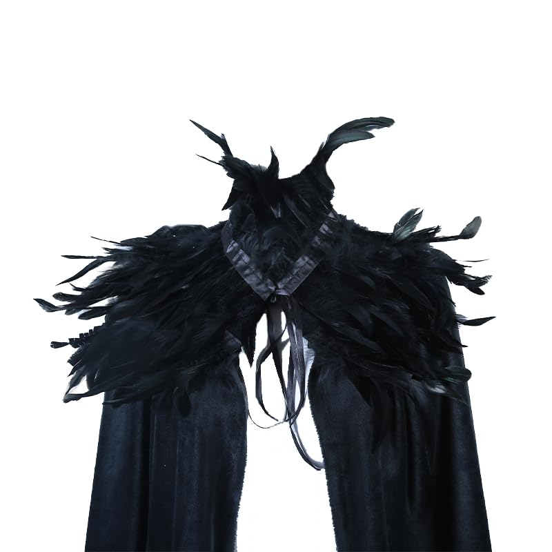 Yoodeet Unisex Gothic Black Witch Velvet Cloak Feather Stand Collar High Necked Feather Scarf Cloak Women Costume Robes Party Costume Extra Long Cape for Men - Image 4