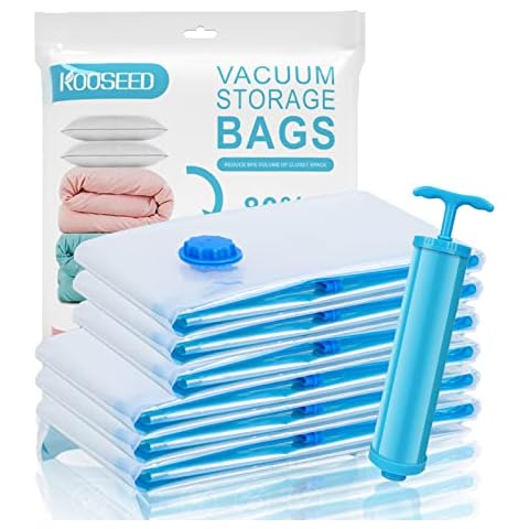 KOOSEED Vacuum Storage Bags, 4 Pack 80x60cm+ 2 Pack 60x40cm Reusable Vacuum Bags for Clothes /Sweaters/Pillows, Save 80% Storage Space, Double-Zip Seal Compressed Storage Bags with Hand Pump Cover