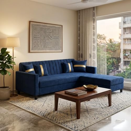 Image of CASASTYLE Korion 4 Seater L Shape Sofa Set with Movable Ottoman | Flexible Left or Right Layout | Cozy Velvet Fabric | Soft Touch Seating | Modern Designer Sofa for Living Room (Dark Blue)
