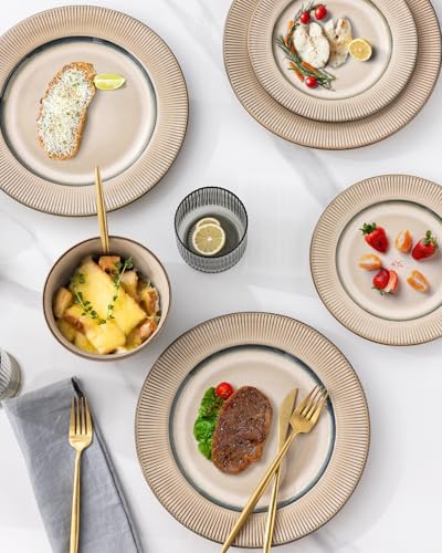 Image of GBHOME Ceramic Dinnerware Sets,12 pcs Embossed Elegant Stoneware Plates and Bowls Sets, Housewarming Wedding Gift | Dishwasher & Microwave Safe | Dishes Set Service for 4