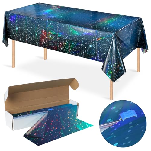 YIDAKO 100Feet X 54 Inch Roll Iridescent Space Tablecloths Disposable Plastic Blue Galaxy Table Cloth Rectangle Roll Table Covers for Space Starry Night Star Theme Party Birthday Party Decorations