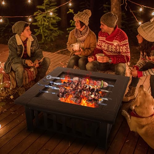 32 Inch Square Metal Fire Pit Table for Backyard Outdoor Heating and Camping