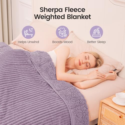 Image of Sherpa Fleece Weighted Blanket with Ribbed Stripes for Adults, 15 lbs Dual Sided Cozy Warm Blanket for Couch Full Size Bed, Glass Beads Heavy Thick Blankets Great for Sleep, Light Purple, 60 inch x 80 inch