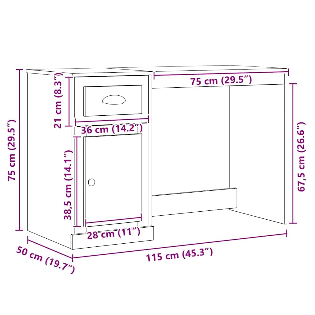 Scrivania con anta, in legno anticato, 50 x 115 x 75 cm, con cassetto, compatta, per ufficio, laptop, postazione di lavoro per casa, studio