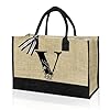 VLYX Borsa tote in tela con iniziale personalizzata, borsa regalo da spiaggia adatta per compleanno, matrimonio, spiaggia, vacanze, ottimo regalo di compleanno per donna, mamma - V