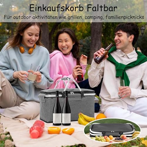 Einkaufskorb Faltbar 18L, große Isolierkorb Picknickkorb, Thermo Einkaufskorb, mit Deckel, Reißverschluss und Tragegriffen, für Camping, Strand, Picknick, Grau