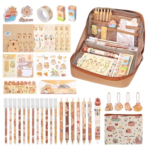 50PCS Estuche Capibara Papeleria Kawaii Boligrafos Capybara Estuche Escolar Niña Chico Cosas de Capibaras Pegatinas Llavero Capybara Papeleria Cartoon Capibara Regalo Cumpleaños Carnaval Navidad
