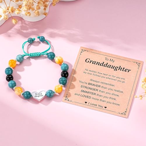Image of Granddaughter Daughter Gifts -Heart Natural Stone Beaded Bracelet for Girls, Valentines Birthday Gifts for Girls Daughter Granddaughter