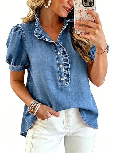utcoco Denim Shirt Women Y2k Ruffle Denim Top Button Down