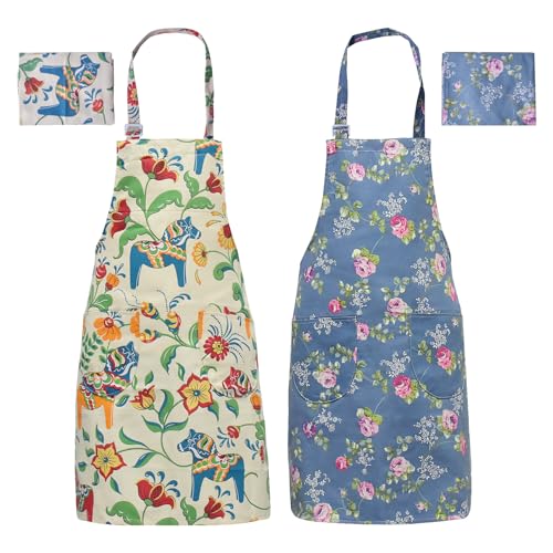 Joyan 2 Piezas Delantales de Cocina para Mujeres Algodón Delantal Floral con 2 Bolsillos, Paquetes de Delantales Florales Ajustable para Cocinar Hornear Jardinería y BBQ