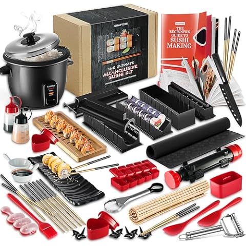 CraftZee All-Inclusive Sushi Making Kit for Beginners & Professionals - Sushi Maker with Rice Cooker, Reusable Chopsticks, Sushi Bazooka, Sushi Roller, Guide Book - Sushi Kit for Family BPA-Free Cover