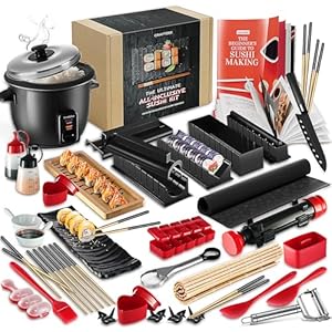Mothers Day Gifts – Sushi Making Kit – 42Pcs Sushi Maker Kit with Bazooka Roller, Rice Cooker, Onigiri, Nigiri & Musubi Mold, Rice Ball Mold, Bamboo Rolling Mat, Knife, Guide Book & More