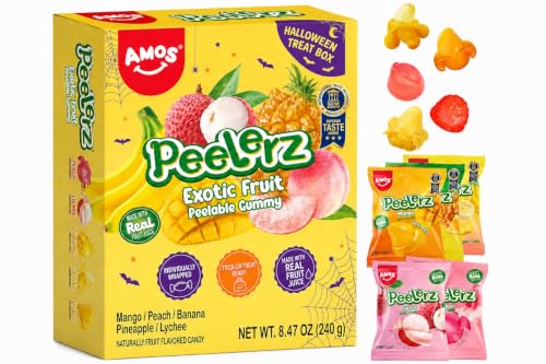 AMOS Peelerz Exotic Fruit Peelable Gummy Candy – 5 Fruit Flavors (Mango, Peach, Banana, Pineapple, Lychee), 8.47oz (240g), Individually Wrapped
