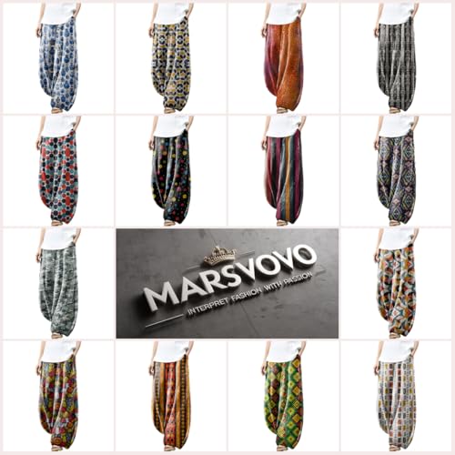 MARSVOVO Women's Wide Leg Pants Trendy Print Plus Size Harem Pants Breathable Elastic Waist Hiking Concert Casual Pants2