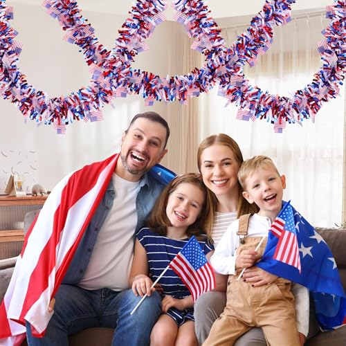 Image of 50FT 4th of July Decorations Red White Blue American Flag Tinsel Garland, Metallic Patriotic Garland for Fourth of July Independence Day Memorial Day Decor Outdoor Indoor Home Party Decor Supplies