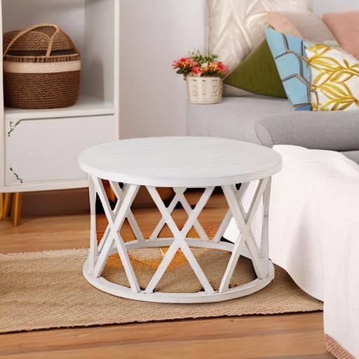 Miniatura 5 de Mesa de centro de granja, mesa de centro redonda rústica con patas de motivos en X, parte superior texturizada de madera, para bohemio, decoración