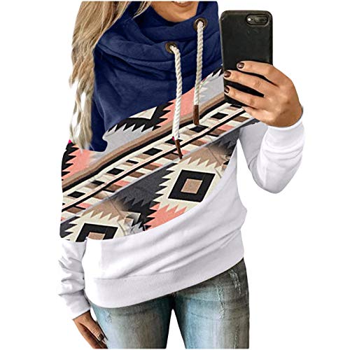 Damen Hoodies Farbblock Sweatshirt Nation Style Drucken Gestreifte Pullover Casual Kapuzenpullover Langarm Shirts Kordelzug Oberteil mit Taschen