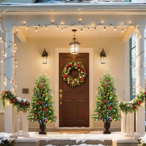 Alupssuc 4FT Artificial Pre-Lit Mini Porch Christmas Tree with 120 Built-In Multi Color Led Lights,12 Lighting Modes,Nature Looking With Pine Cones & Berries - Image 7