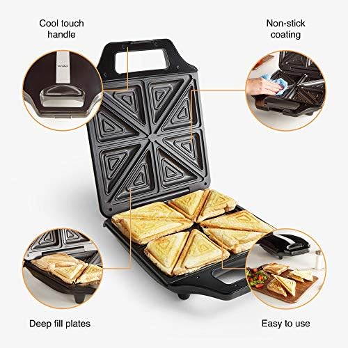 VonShef Sandwich Toaster 4 Slice Toastie Maker with Non-Stick Plates, 1600W, Deep Fill Toastie Maker for Grilled Cheese Toasties with Cool Touch Handles, Easy Clean, Stainless Steel Black