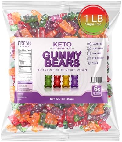 Sugar-Free Gummy Bears - Keto-Friendly Candy with Assorted Fruit Flavors Keto Snacks, Vegan, Gluten-Free, Low Carb, and Sugar-Free Gummies Bulk Pack, 1 lb