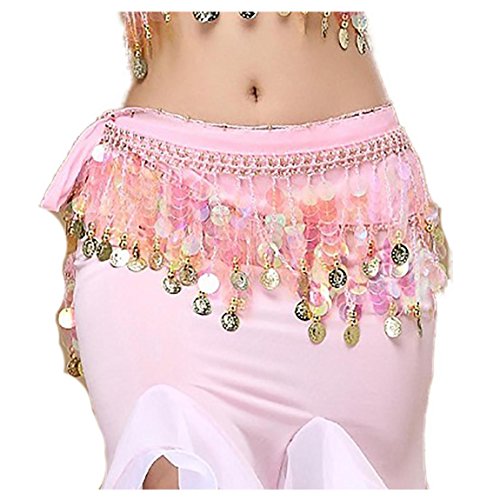 Image of VRITRAZ Women's Chiffon Belly Dance Hip Scarf Waistband Belt Skirt Mixed Colors Beads and Golded Coins 56 Black