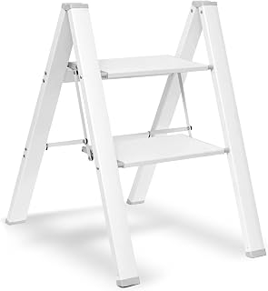 ZUZHII 2-Step Aluminum Lightweight Folding Step Stool Ladder with Anti-Slip and Expanded Pedal for Home and Kitchen, 330lbs Capacity, White