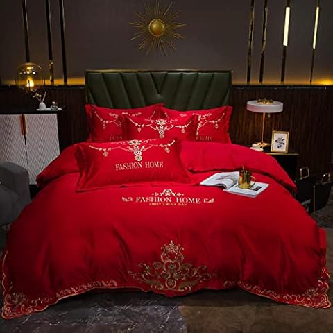 Greatcomfort Full Satin Silk Duvet Cover Sets Ultra Soft Silky Luxury Easy Fit Machine Washable Bed Sheets 4 Piece Satin Sheets-Red_King 4Pcs Cover