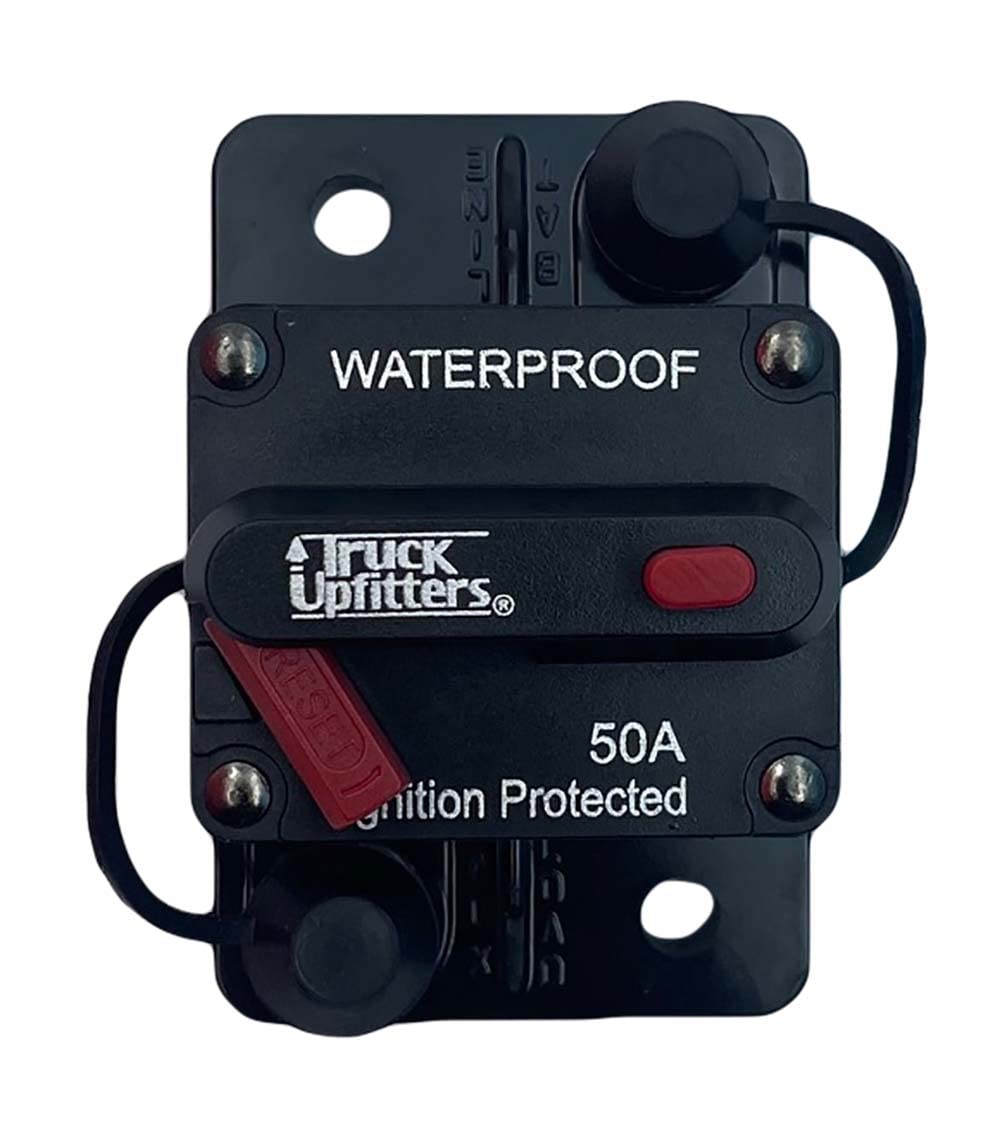 Truck Upfitters Surface Mounted 50A Circuit Breaker (12V-48V, 50 Amp). for DC Automotive and Marine/Boat use: Main Power Breaker, Audio, Winches, Solar, Lighting, Electric Motors & Other Accessories.
