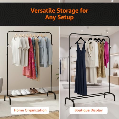 Image of Amazon Basics Metal Clothes Rack Stand with Bottom Storage Shoe Shelf & Side Hooks Hanger for Bedroom & Hallway, Portable Wardrobe Organizer 112L x 40B x 148H cm (SINGLE ROD, BLACK)
