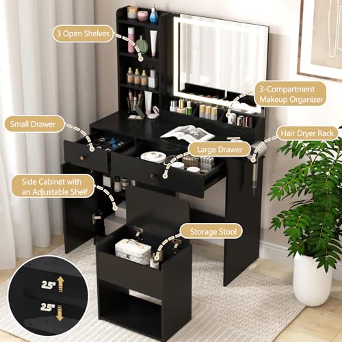 CHARMAID Makeup Vanity Desk with Lighted Mirror & Charging Station, Vanity Table with Storage Stool, Drawers, Cabinet & Shelves, LED Mirror with 3 Color Lights, Dressing Table for Bedroom (Black)