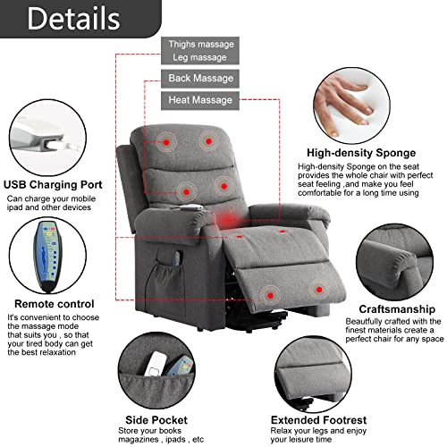 Ipkig Power Lift Chairs Recliners For Elderly With Massage And Heated, Linen Fabreic Lift Recliner Chair With Usb Ports, Massage Remote And Side Pocket For Living Room, Home Theater Seat (Grey) #TOP5