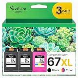 67XL Cartridges Black and Color (3-Pack) for HP Ink 67 67XL for Printers Deskjet 2700e 2755e 2732 2752 2752e Deskjet 4155 4155e 4152e 4100 Envy 6000 6055e 6400 6055 6455 6455e 6458, 2 Black, 1 Color