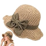 Versatile Retro Woven Handmade Straw Hat with Ruffled Bow, 90s Bucket Hat, Summer Hats for Women, One Piece Woven Bow Hat, Womens Straw Bucket Hat Foldable Wide Brim Floppy Beach Sun Hats
