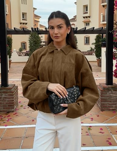 Kissonic Women's Oversized Jackets Faux Suede Bomber Jacket Lapel Pilot Cropped Casual Coat for Streetwear Outerwear, Brown, L - Image 3