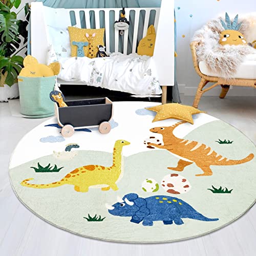 Abeigoi Dinosaur Kids Rug 4Ft Round Animal Playmat Soft Dino Bedroom Carpet for Boys Girls Playtime Rug Mat Nonslip Area Rug Children Playroom Rug Washable Nursery Rug Dinosaur Decor, Grassland