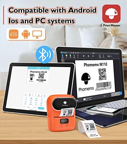 Phomemo M110 Bluetooth Label Printer, Wireless Thermal Label Maker Machine for Clothing, Jewelry, Retail, Home, Portable Barcode labeling machine Compatible with Android & iOS Phone,orange