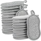 24 Pack Multi Purpose Dish Scrub Sponges, Reusable Dual Sided Microfiber Sponges for Washing Dishes and Kitchen Cleaning with Heavy Duty Scouring Layer Non Scratch, Gray