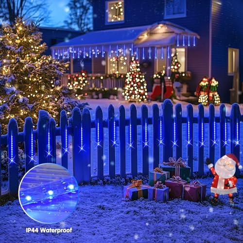 JMEXSUSS Solar Christmas Lights Outdoor, 8 Tube 144 LEDs Solar Meteor Shower Lights Outdoor, Hanging Blue Christmas Light for Tree Icicle Garden Yard Patio Gazebo Party Xmas Decor thumbnail 4