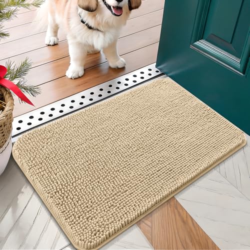 OLANLY Dog Door Mat for Muddy Paws 24x16, Absorbs Moisture and Dirt, Absorbent Non-Slip Washable Doormat, Quick Dry Chenille Mud Mat for Dogs, Entry Indoor Entryway Carpet for Inside Floor, Beige