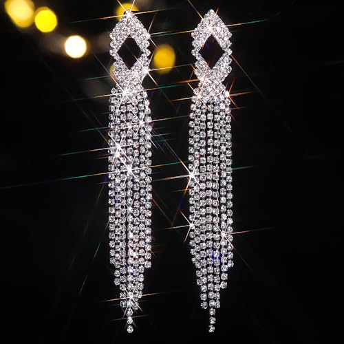 Bridal Wedding Rhinestones Silver Earrings for Women Rhinestone Earrings Sparkly Long Dangle Earrings Dangle Tassels Statement Earrings for Women4