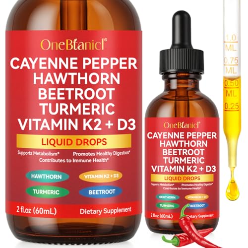 Cayenne Pepper Drops Organic Cayenne Pepper Liquid Cayenne Health Supplements Vitamin K2 & D3 Turmeric Curcumin Beet Root Powder Vegan-Friendly Easily Absorbed - 60ml