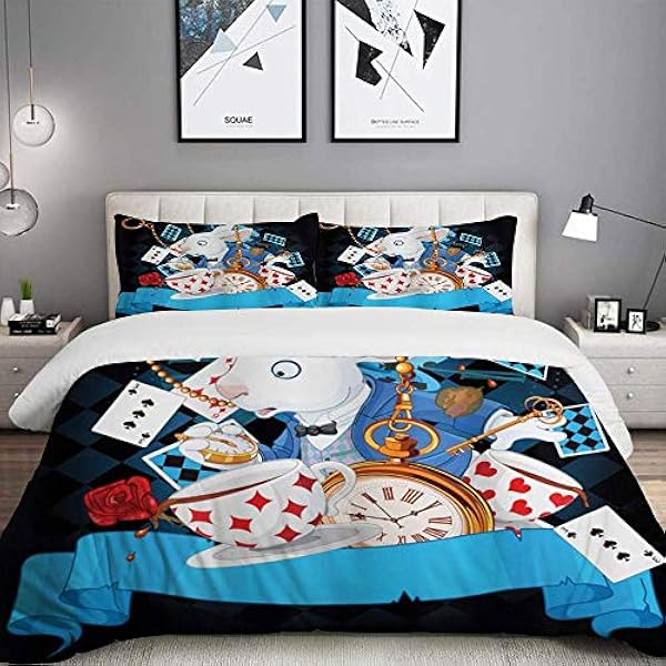 Dekbedovertrek, Alice in Wonderland Rabbit Motion Cups Hearts and Flower Character Alice Cartoon Style, beddengoed Set Ultracomfortabel Lichtgewicht luxe microfiber sets