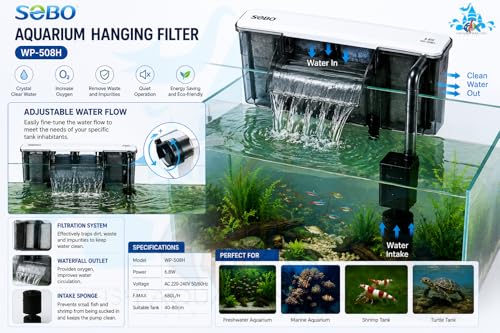 Image of FAH WP-508H Slim Hang on Filter XXL Sobo Power 6.8W Max Flow: 680L /H 2.5Ft to 3.5Ft Aquarium with Adjustable Flow 4 Chambers Silent Filter