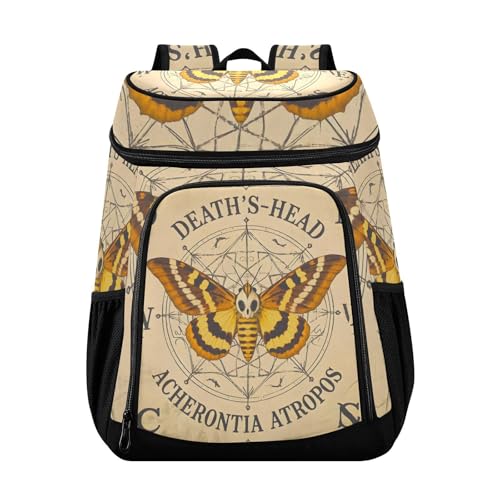 Skull Moon Moth Boho Yellow Cooler Backpack Cooler Insulated Leak Proof Lunch Backpack 36 Cans Waterproof Soft for Men Women Picnic Hiking Camping Beach