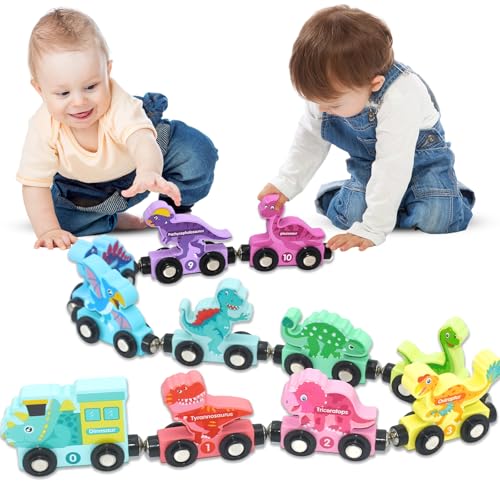 LXBCTOP Montessori Spielzeug ab 2 3 Jahre, Dino Holz Zug Spielzeug, Magnetische Holzspielzeug Eisenbahn Kinder, Holzzug Baby ab 2 Jahre, Wooden Train Set, Geschenk 2 3 Jahre Junge und Mädchen ﻿