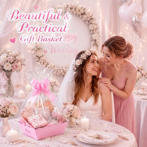 Image of Fuyoooo 8 Pack Pink Basket for Gifts Empty to Fill, 10 inch x 8 inch Thick Sturdy Kraft Scalloped Edge Gift Basket with Handle, 8 Wrap Bag 8 Bow 16 Tissue Paper for Christmas Wedding Birthday Wrapping Gift