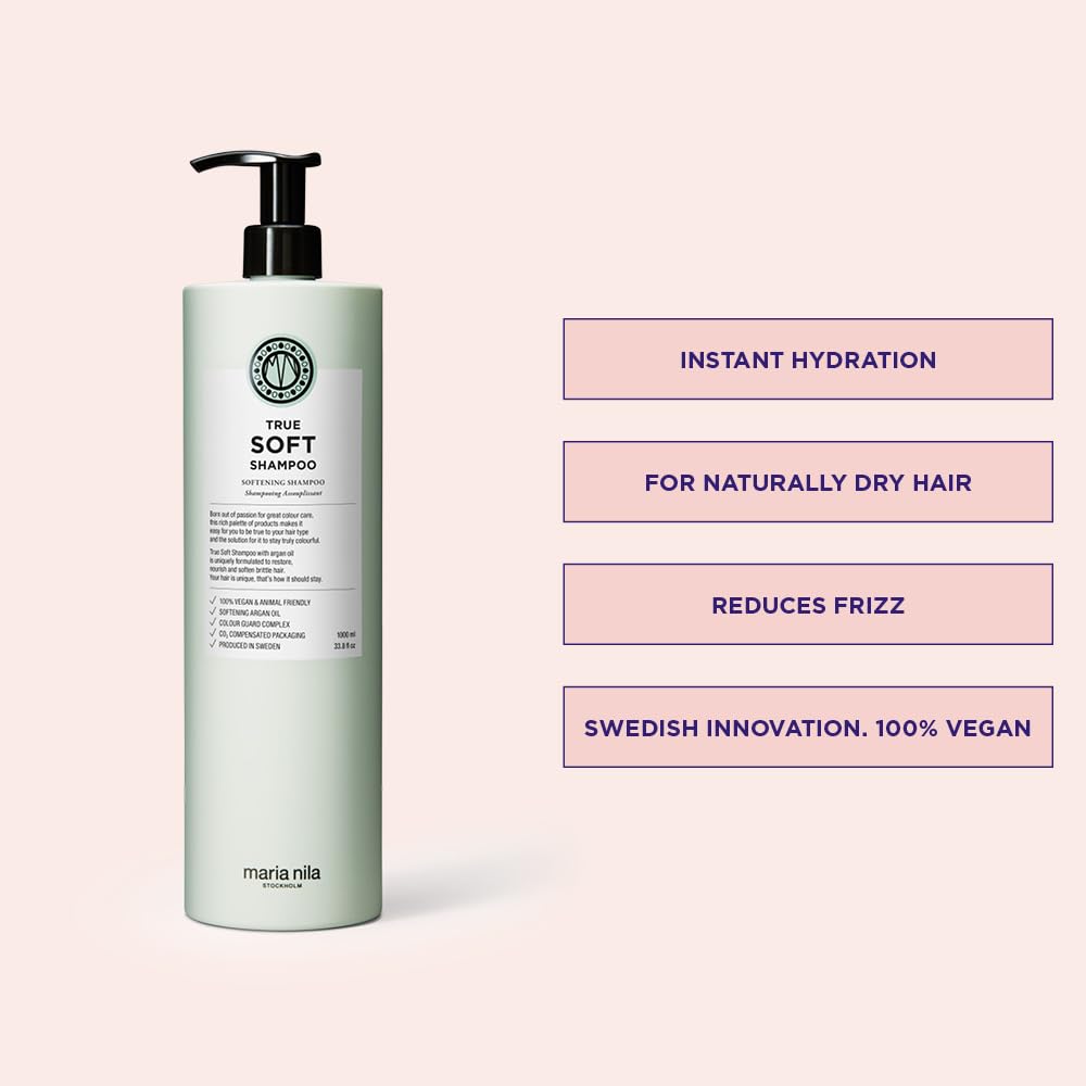 Maria Nila Shampoo trockenes Haar Damen, True Soft Shampoo mit Arganöl für Glanz und Geschmeidigkeit, Haarshampoo Frauen gegen Frizz für coloriertes Haar (vegan, sulfat- und parabenfrei), 350 ml