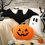 Huwena 3 Pcs Halloween Pillow Happy Halloween Decor Pumpkin Ghost Bat Shaped Throw Pillow Crystal Velvet Wool Decorative Cushion Pillowcase for Couch Sofa Bed Decoration(Orange)